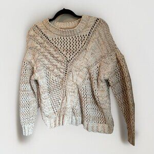 Hem Thread Sweater Size Large Ivory W/ Multicolored Threads, Chunky Cable Knit L